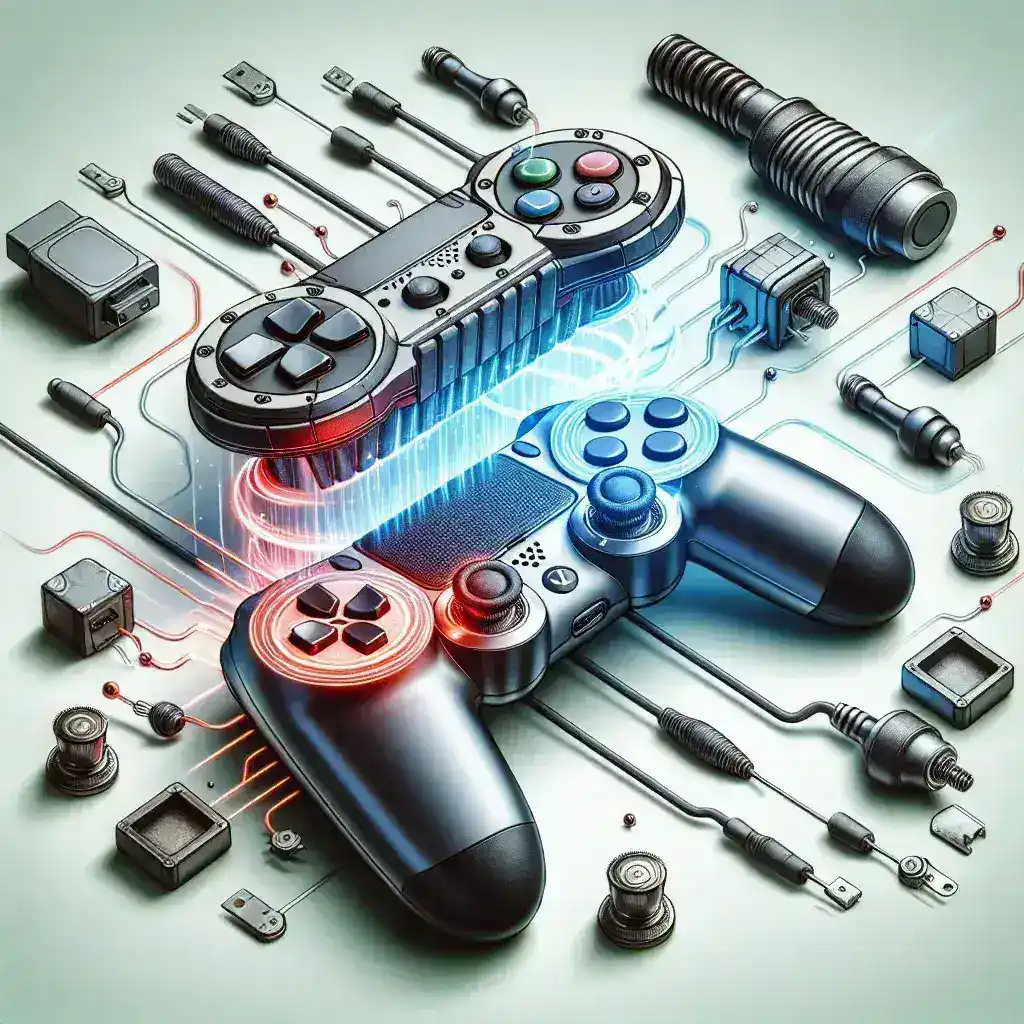 Alt text: "وحدات تحكم Joy-Con مع وصلات مغناطيسية محسنة لتحسين تجربة اللعب، تعرض التصميم العصري والابتكار في التكنولوجيا."