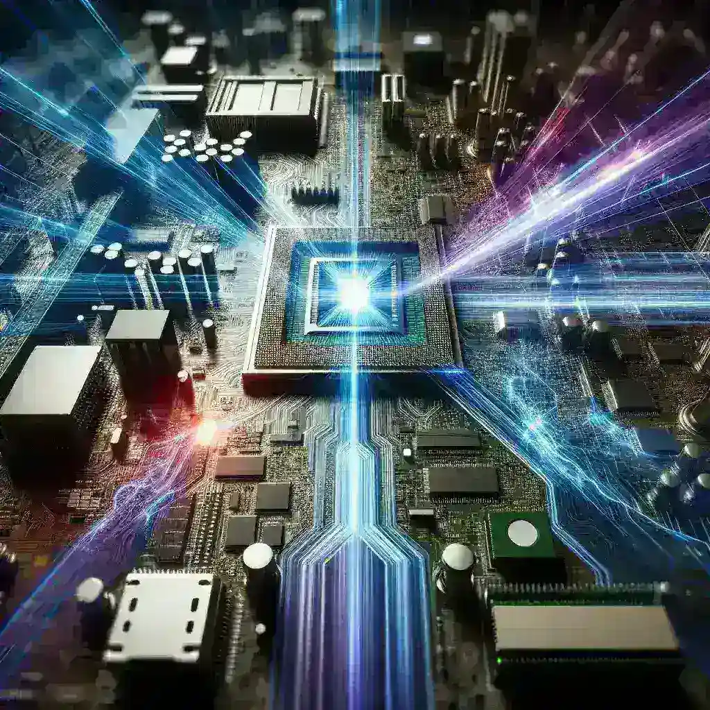 "صورة توضح خطة Intel المعيارية لمستقبل الحواسيب مع مخططات تكنولوجية متقدمة وعناصر تصميم مبتكرة تعكس الابتكار في الصناعة."
