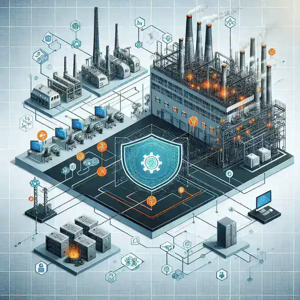 "صورة توضح نشر شبكات أمان صناعية لتفصل البيئات التشغيلية عن تكنولوجيا المعلومات، مما يساعد في تقليل المخاطر في الصناعات. التصميم الهندسي يشير إلى أهمية الأمان السيبراني في البيئات الصناعية."